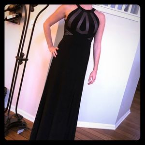 Elegant long evening dress black w/ nude mesh top